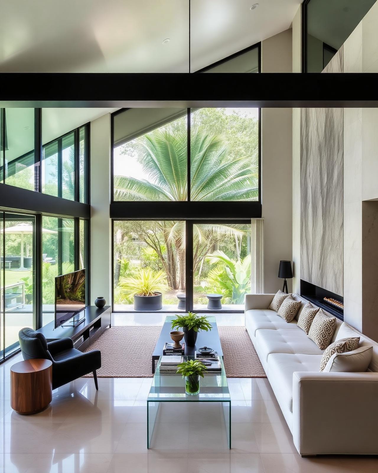 Sala de estar com pele de vidro